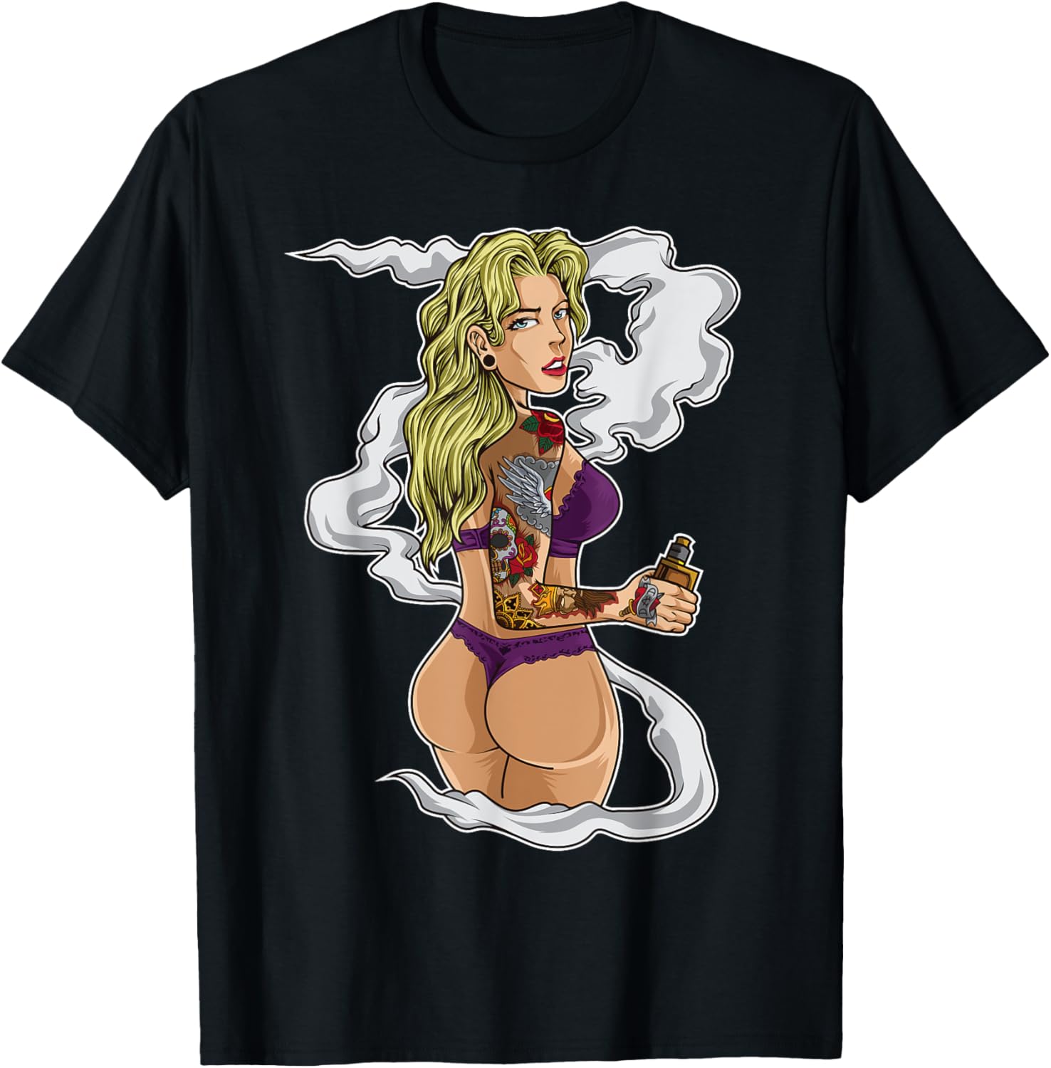 Vaping Shop - Kaos Grafis Gadis Merokok dengan Tato,